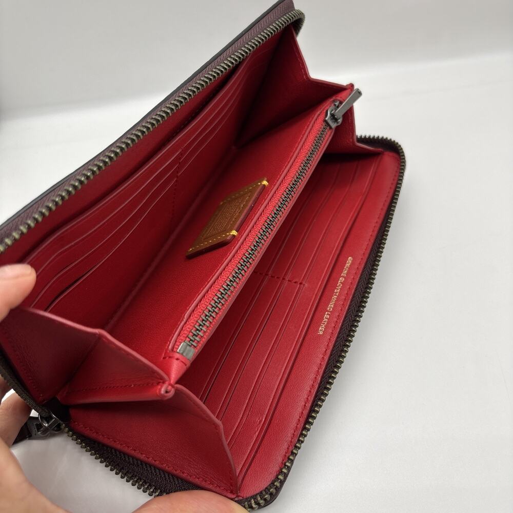 COACH Burgundy Pebbled Leather Accordion Zip Around Long Wallet Red Glovetanned